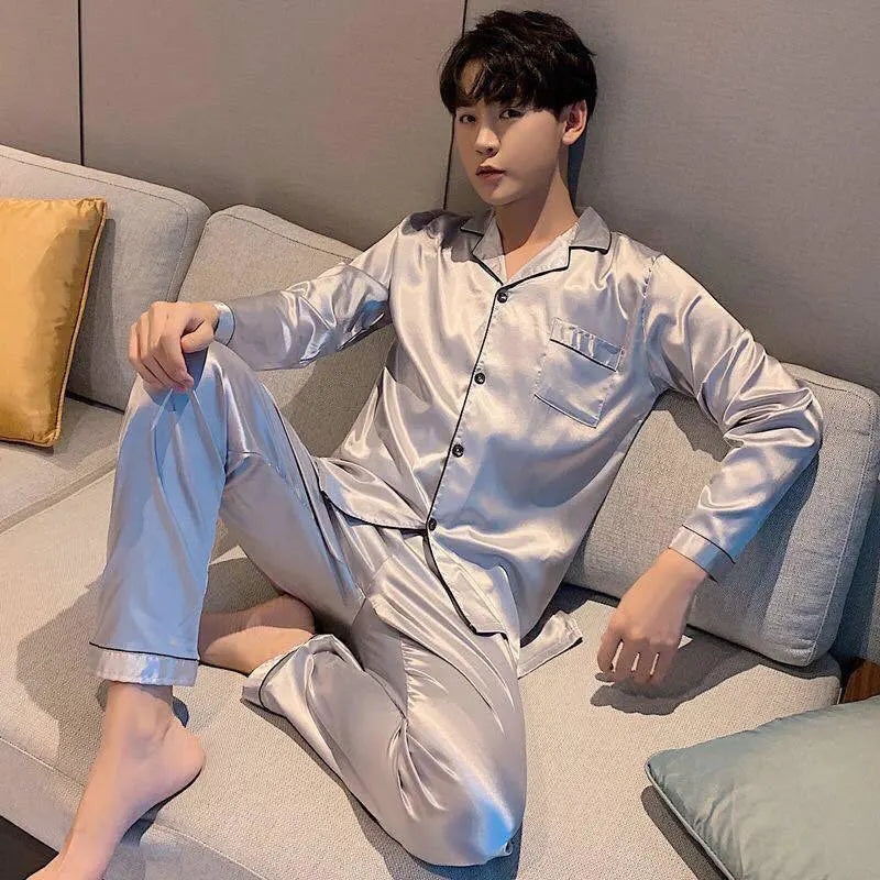 Summer Lapel Long-Sleeved Cardigan Pajamas Men Korean Version of the Solid Colour Light Mature Youth Casual Men's Silk Home Clot
