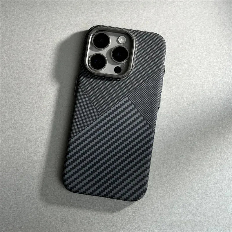 For iPhone 16 15 14 Pro Max Case Carbon Fiber Abstract Geometric MagSafe Cover Magnetic Charging Shell Camera Alloy Armor Fundas