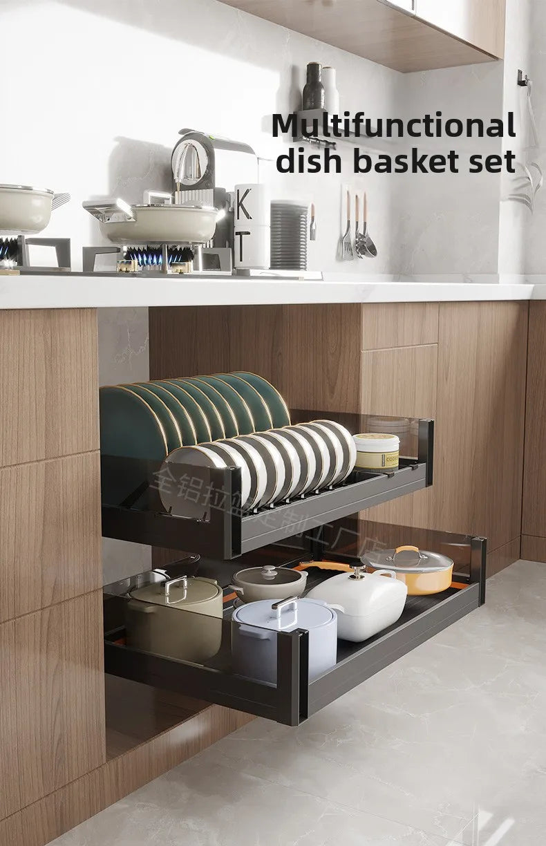 Kitchen Basket Cabinet Basket Thickened Aluminum Alloy Double Drawer Storage Dish Rack Cabinet Kitchen Cabinet Storage Basket