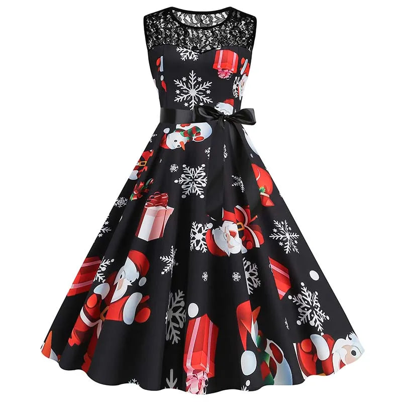 Christmas Dress Women Vintage 50s Lace Sleeveless Print Party A Line Santa Claus Sundress Runway Midi Pinup Flare Dresses