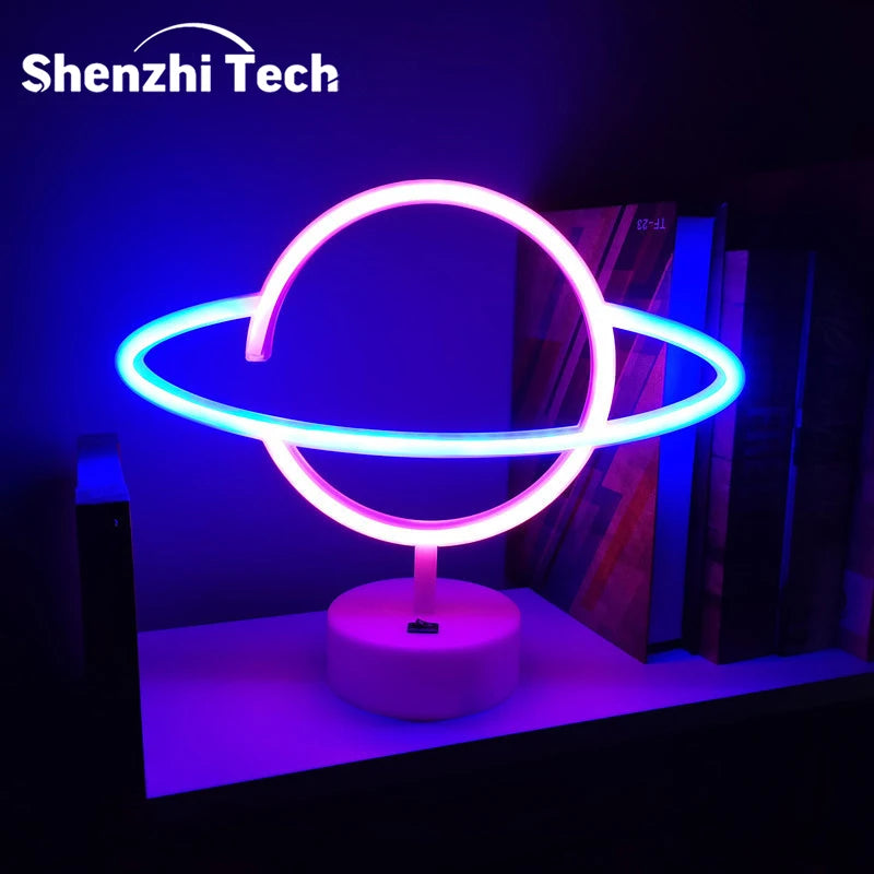 Pink Blue Planet neon sign Light USB/ battery dual purpose LED Lamp, for Birthday Wedding Party Wall Camping Summer Home decor