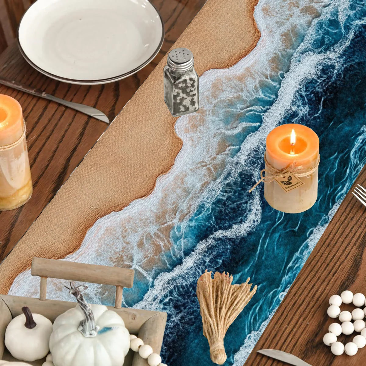 1 Piece Beach Theme Table Runner with Waves and Beach Patterns - Suitable for Home Decoration, Beach Party, Summer Party and Tropical Style Activities