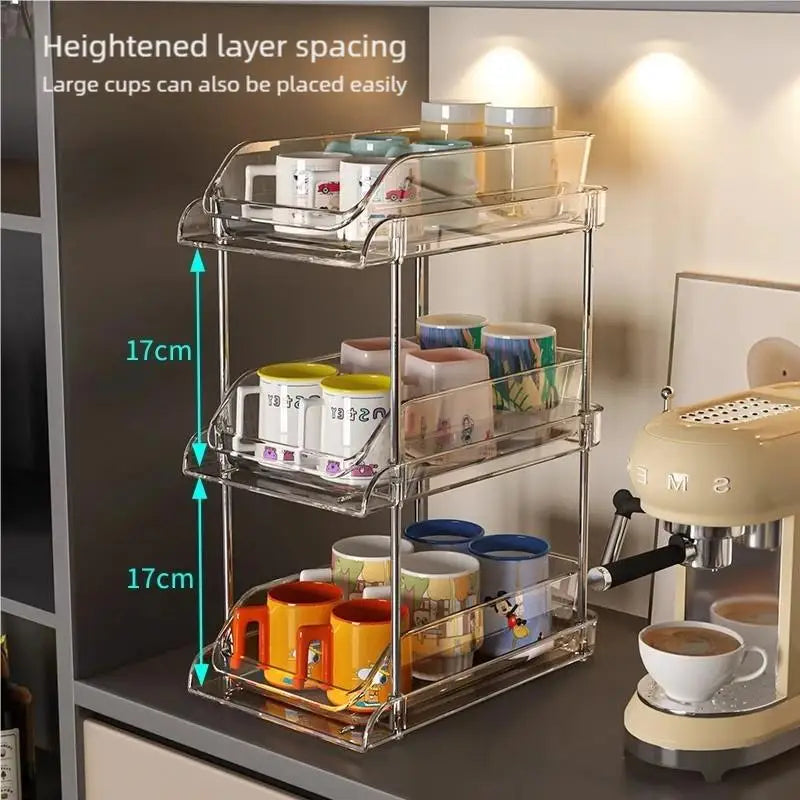 Cup Storage Rack Kitchen Cabinet Bar Double Tea Set Mug Holder Multifunctional Sundry Organization Countertop Pull Out Shelf