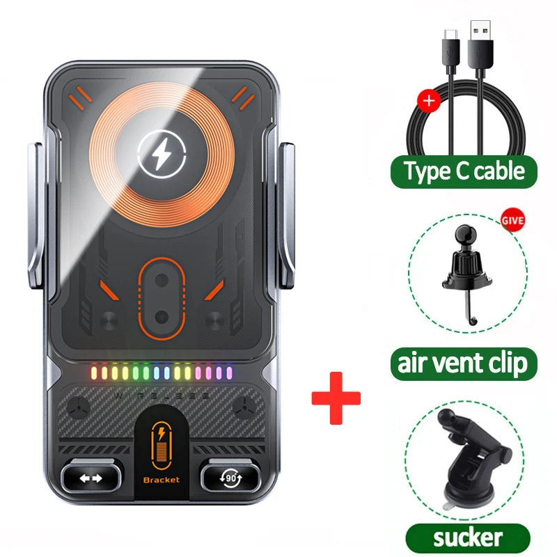 Auto-Clamping RGB Light Car Wireless Charger Phone Holder Stand Touching 360 Rotation Fast Charging Bracket For iPhone Samsung