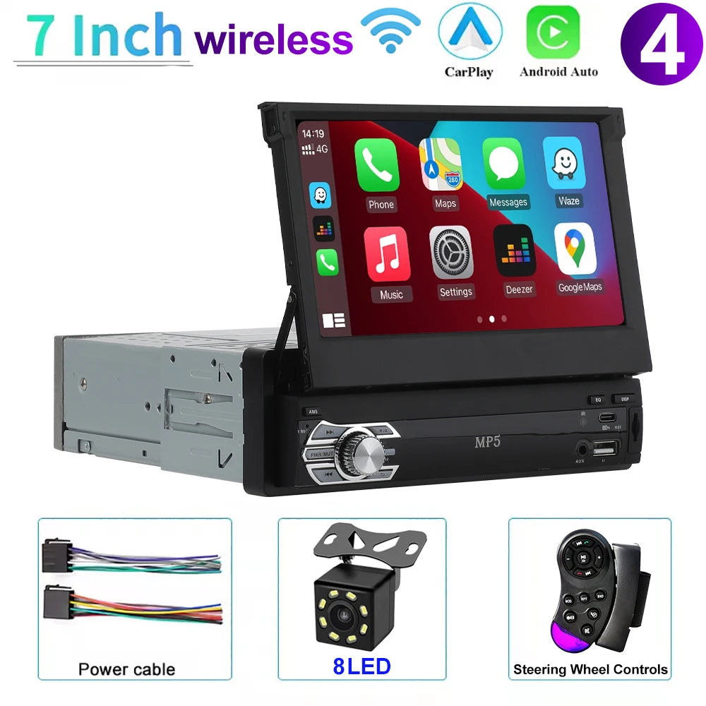 Universal 1 Din MP5 Player 7 Inch Carplay Android Auto Manual Automatic Retractable Touch Screen Car Player FM Radio Mirror Link