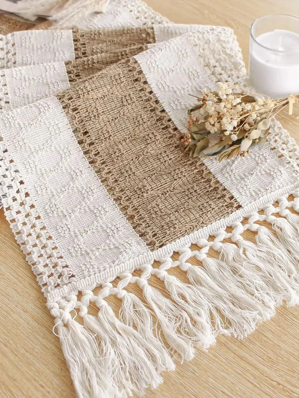 Table Runner for Summer Home Decor with Tassels Long Farmhouse Rustic Table Runner Cream & Brown Macrame Burlap Table