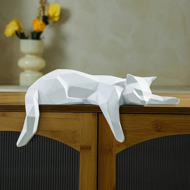 Black White Cat Statue - Geometric Modern Room Decor Figurine Sculpture for Home Office as Table Shelf Desk Decor  Lying Cat
