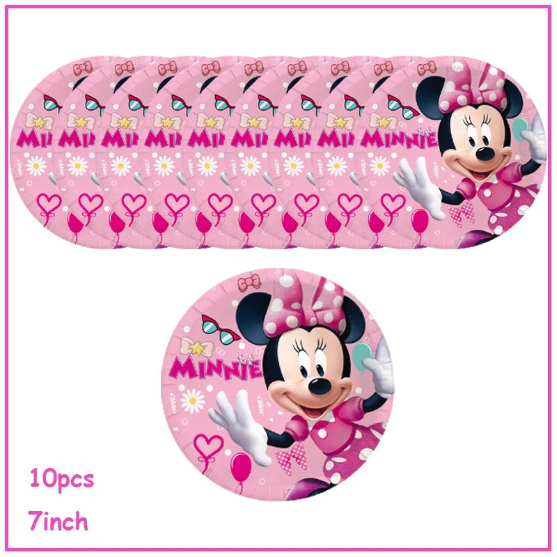 Disney Minnie Mouse Birthday Party Decoration Pink Minnie Paper Cups Plates Napkin Tablecloth Tableware Balloosn Baby Shower Kid