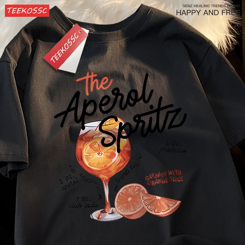 Iced Lemon Wine Beverage Print T Shirts Men Women Cute Crewneck Clothes Loose Summer T-Shirts Fashion Cotton Short Sleeve