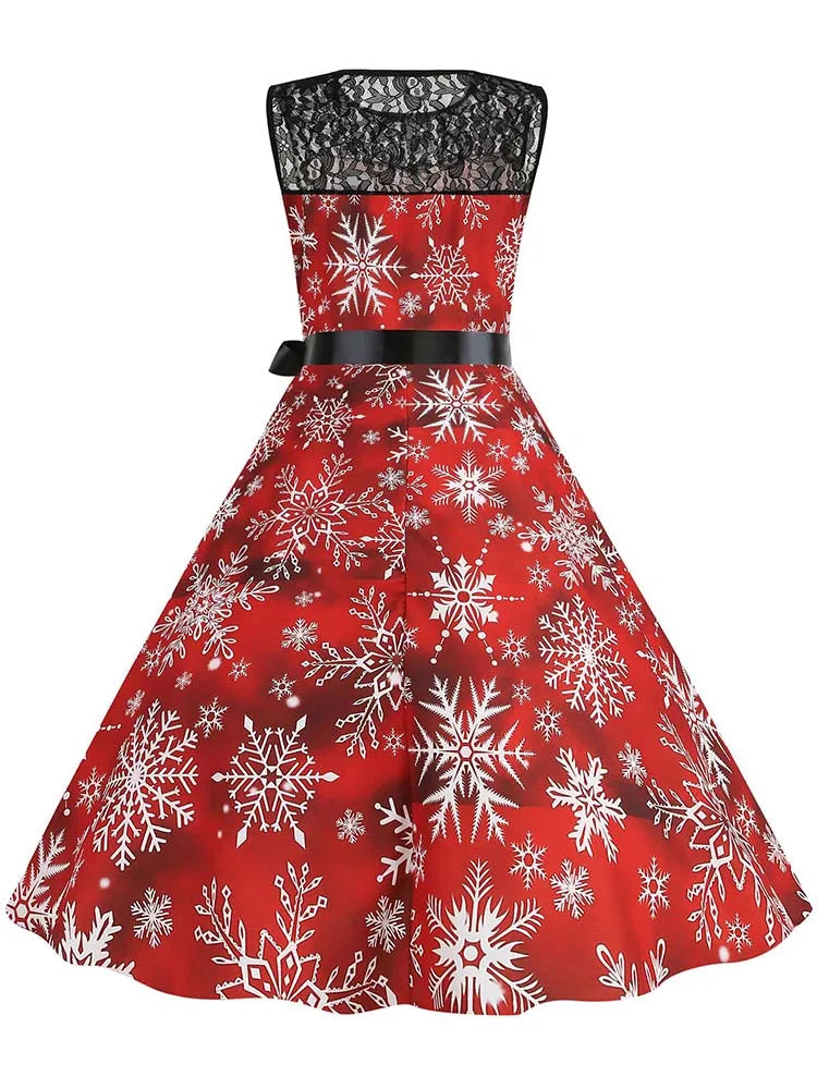 Christmas Dress Women Vintage 50s Lace Sleeveless Print Party A Line Santa Claus Sundress Runway Midi Pinup Flare Dresses