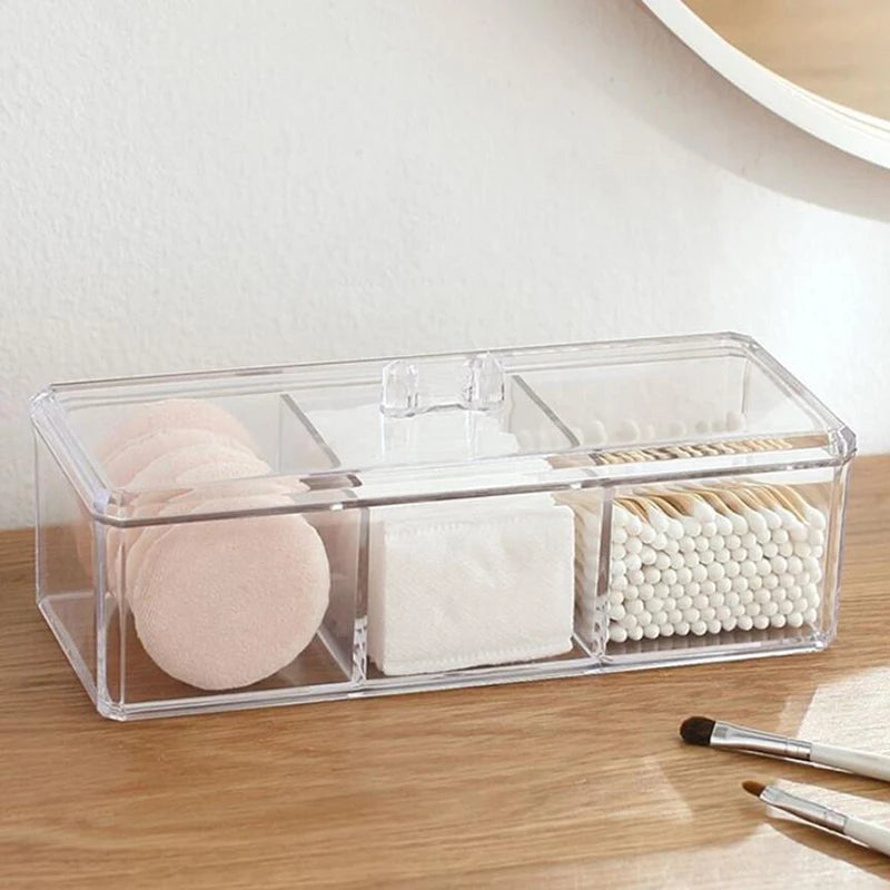 1pc Transparent Cosmetic Storage Box Acrylic Make Up Organizer Three Grid Cotton Swab Cotton Pad Storage Box Home Organization