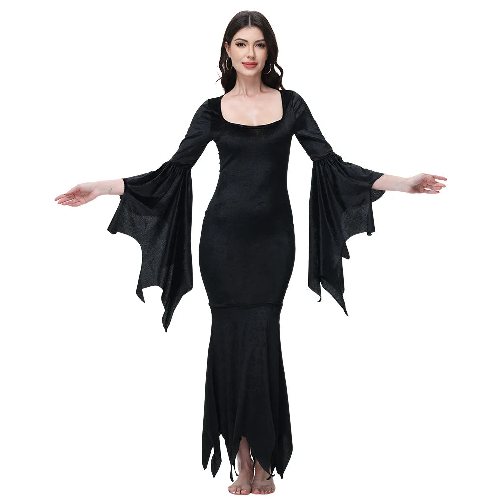 [You're My Secret] Halloween Morticia Adams Primate Black Adams Family Dress Retro Gothic Flared Sleeve Fishtail Dress Vestido