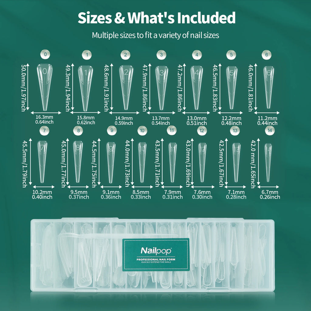 Nailpop 150PCS Clear Dual Nail Forms 15 Sizes Triangle Tip Extension Molds for Acrylic Gel Builder Reusable Shaping Art DIY