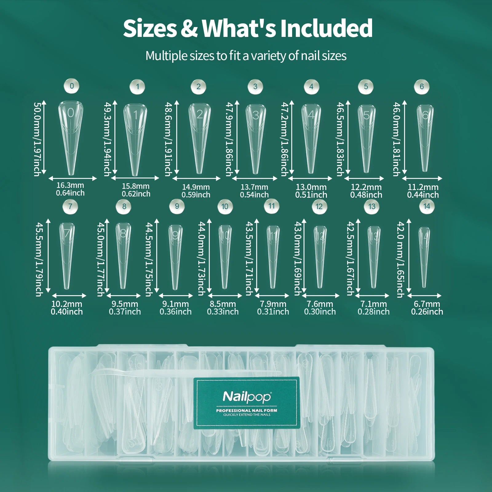 Nailpop 150PCS Clear Dual Nail Forms 15 Sizes Triangle Tip Extension Molds for Acrylic Gel Builder Reusable Shaping Art DIY