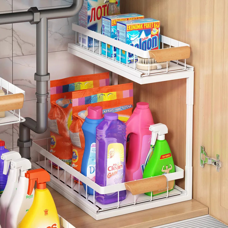 2 Tier Under Sink Organizer Sliding Cabinet Basket Organizer Storage Rack with Hooks Hanging Cup Bathroom Kitchen Organizer