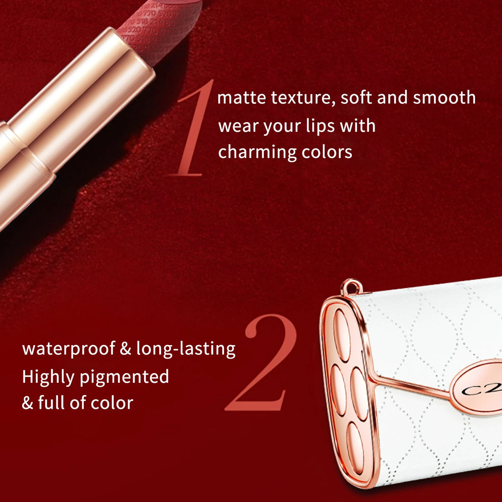 Luxury 4-Piece Lipstick Set, Waterproof & Long-Lasting (3.8g Each) + Stylish Chain Bag Gift Packaging for Christmas Gift