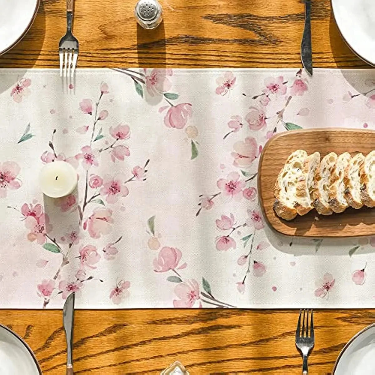 Spring Sakura Cherry Blossoms Branches Linen Table Runner Summer Kitchen Dining Table Decor Outdoor Picnic Wedding Party Decor