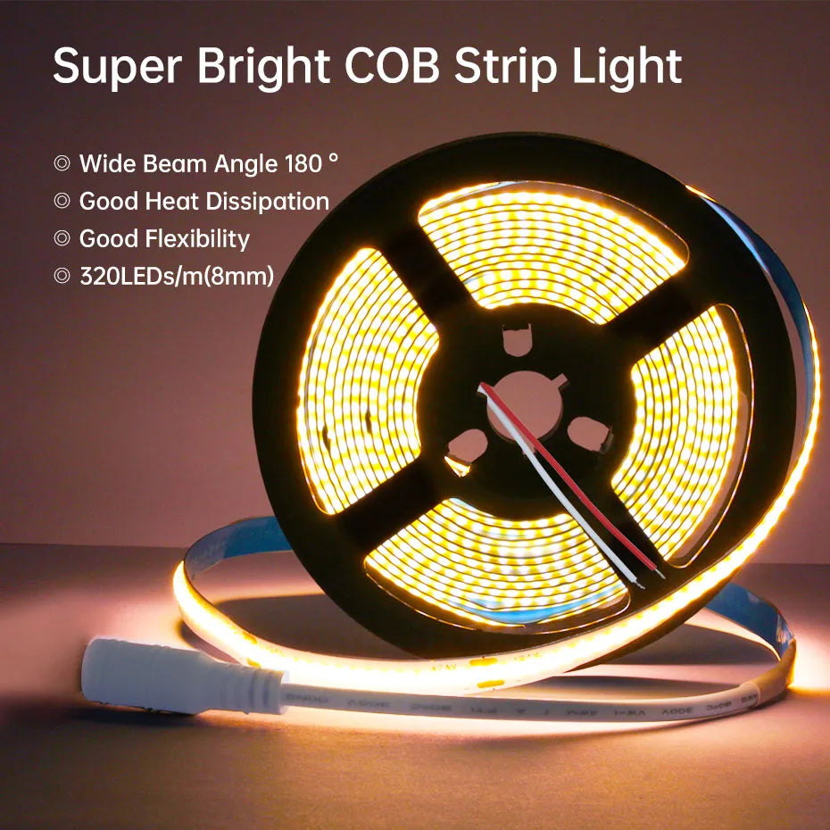 12V COB LED Strip Light 320LEDs/m 0.5m-5m with Power Supply & Bluetooth Controller for Warm/Neutral/Cold White Cabinet Lighting