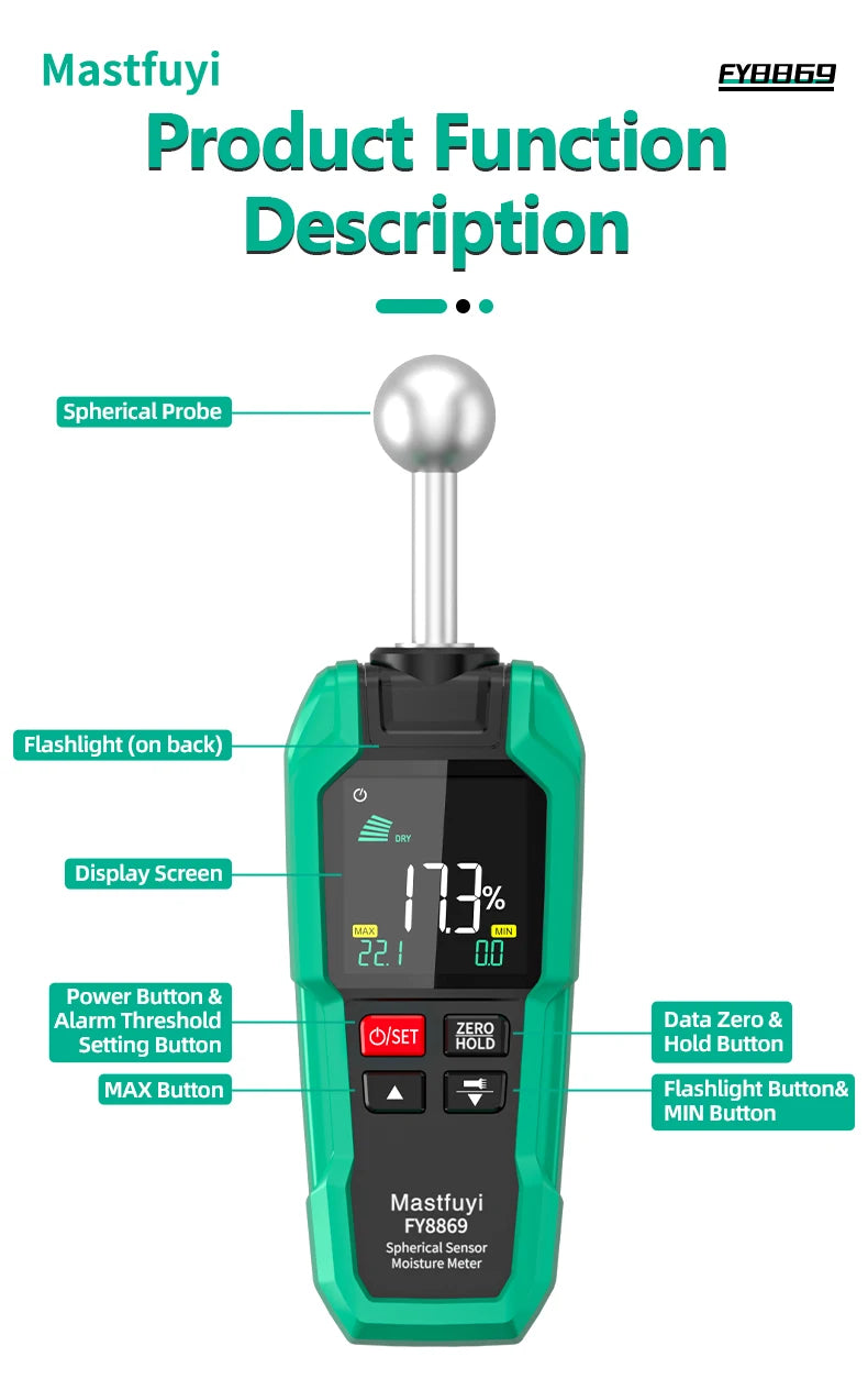 MASTFUYI Pinless Moisture Meter, Water Leak Finder, Non-Invasive Ball Sensor for Wood, Drywall, Flooring in Homes & RVs