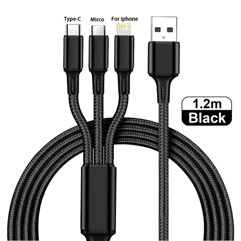 3in1 Data USB Cable for iPhone Fast Charger Charging Cable For Android phone type c xiaomi huawei Samsung Charger Wire For iPad