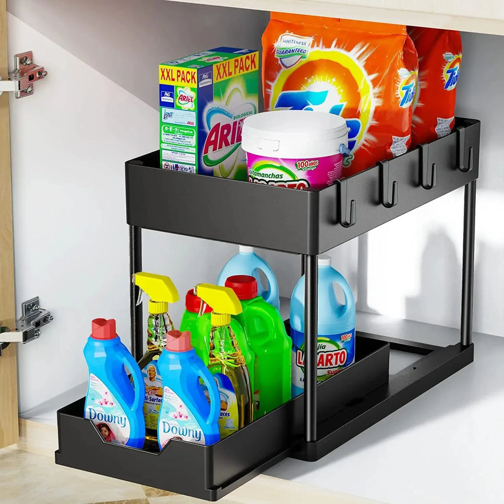 2 Tier Under Sink Organizer Sliding Cabinet Basket Organizer Storage Rack with Hooks Hanging Cup Bathroom Kitchen Organizer