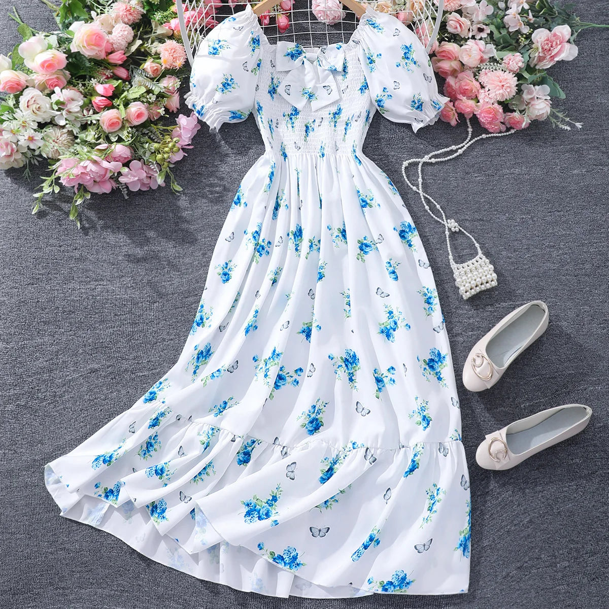 New Children Clothes Teen Girl Dresses Summer Blue Floral Long Big Kids Party Dress Fashion Elegant Pretty 13 14 15 16Yrs Old
