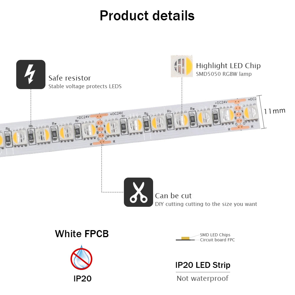 RGBW RGBWW LED Strip DC 12V 24V 4 Colors In 1 Chip SMD 5050 60 108 120 Leds/M Flexible Ribbon Tape Rope Light