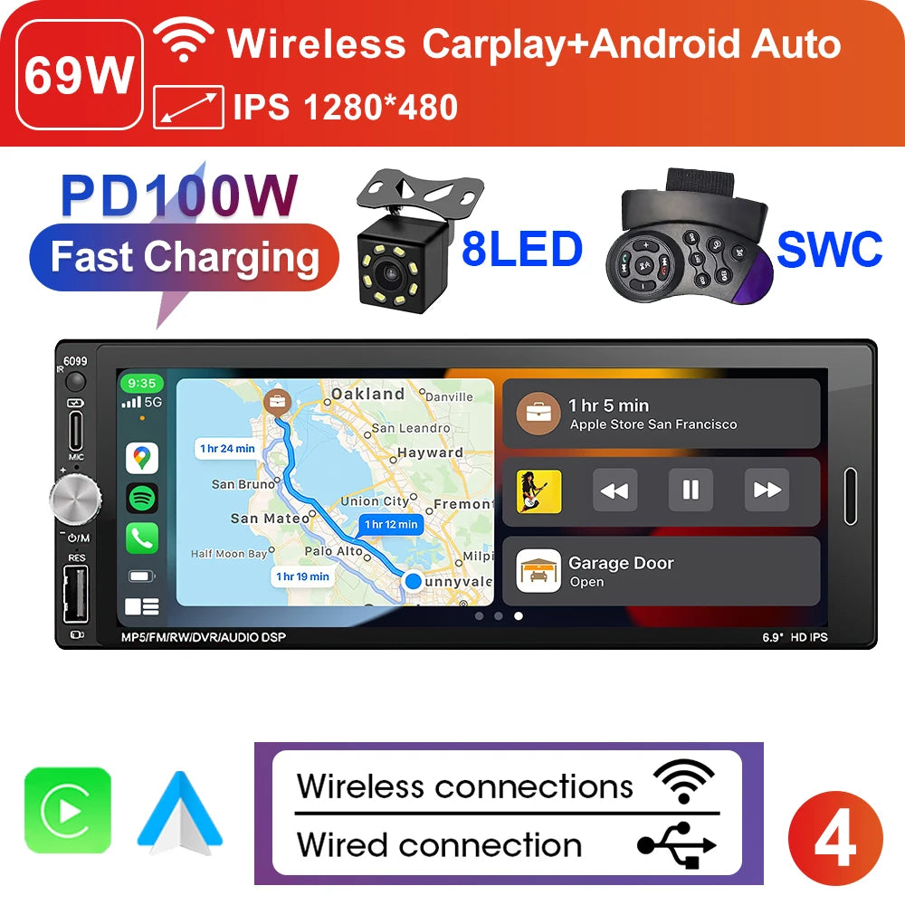LEHX 6.9 Inch 1DIN Universal MP5 Car Radio Support Wireless Carplay Android AUTO AUX IPS Touch Screen Multimedia Video Player