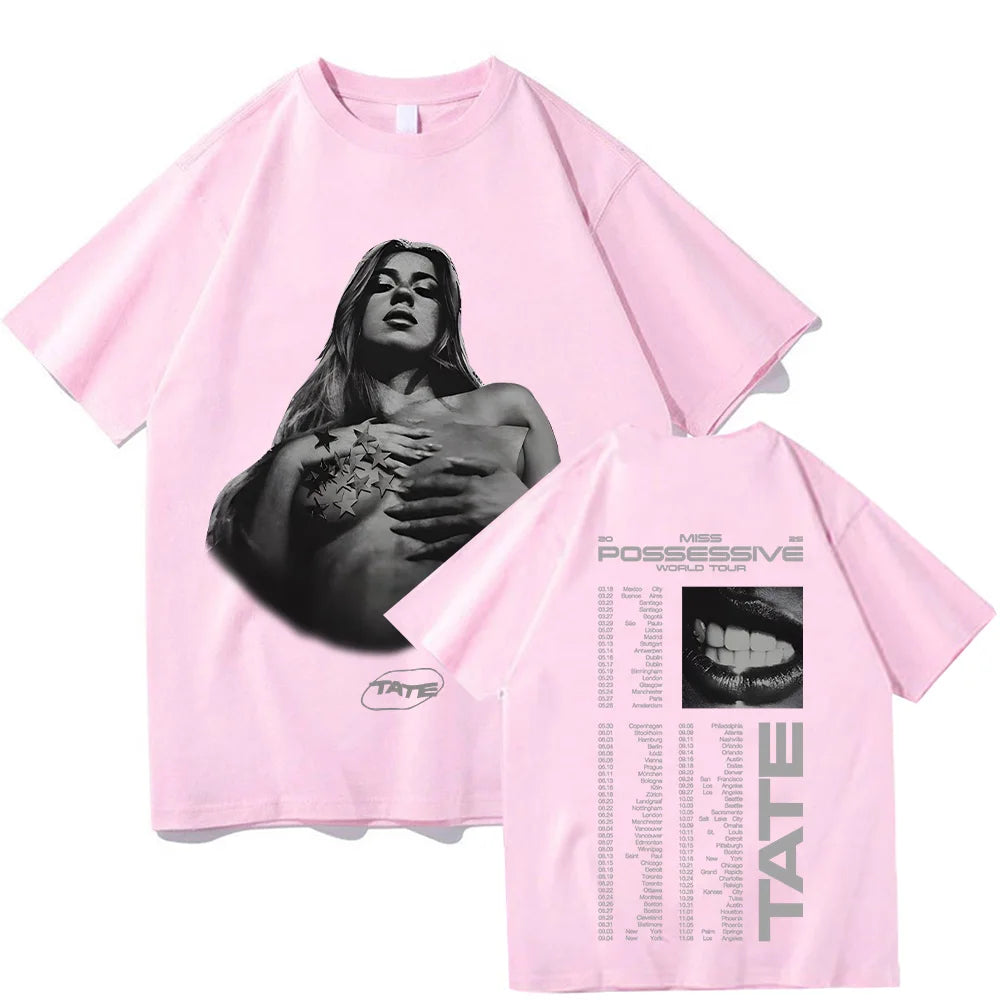 Tate McRae Pose Tour Tee Vintage Graphic T Shirts Miss Possessive 2025 Album Men Women Cotton T-shirt Harajuku Aesthetic Clothes