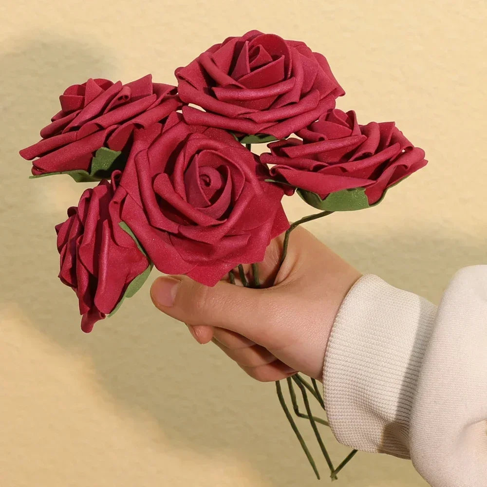 50/5Pcs Artificial Roses Flowers Foam Fake Rose Heads With Stems For DIY Wedding Bouquets Home Party Tables Decorations Supplies