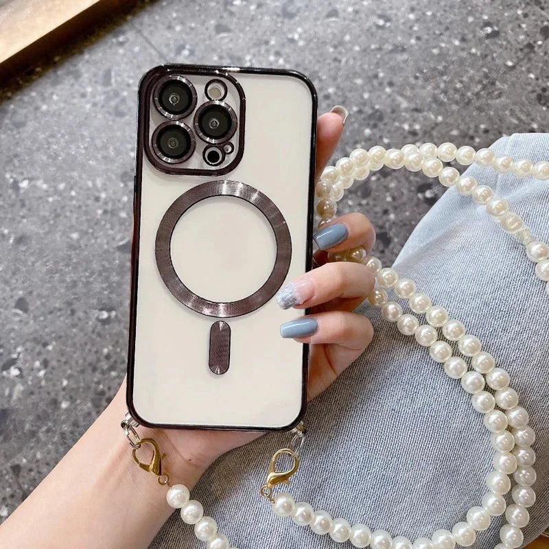 【Pearl Plating】Adjustable Crossbody Lanyard Case for iPhone 16/15 Pro Max/14/13/12/11 ProMax PlusShockproof Magnetic Phone Cover