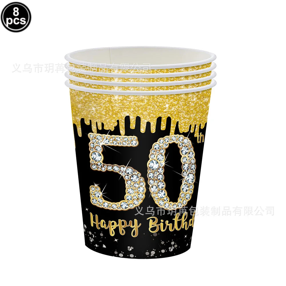 50th Birthday Party Supplies for Men Women Black and Gold 50 Years Old Party Paper Plates Cups Napkin Tablecloth Tableware Decor