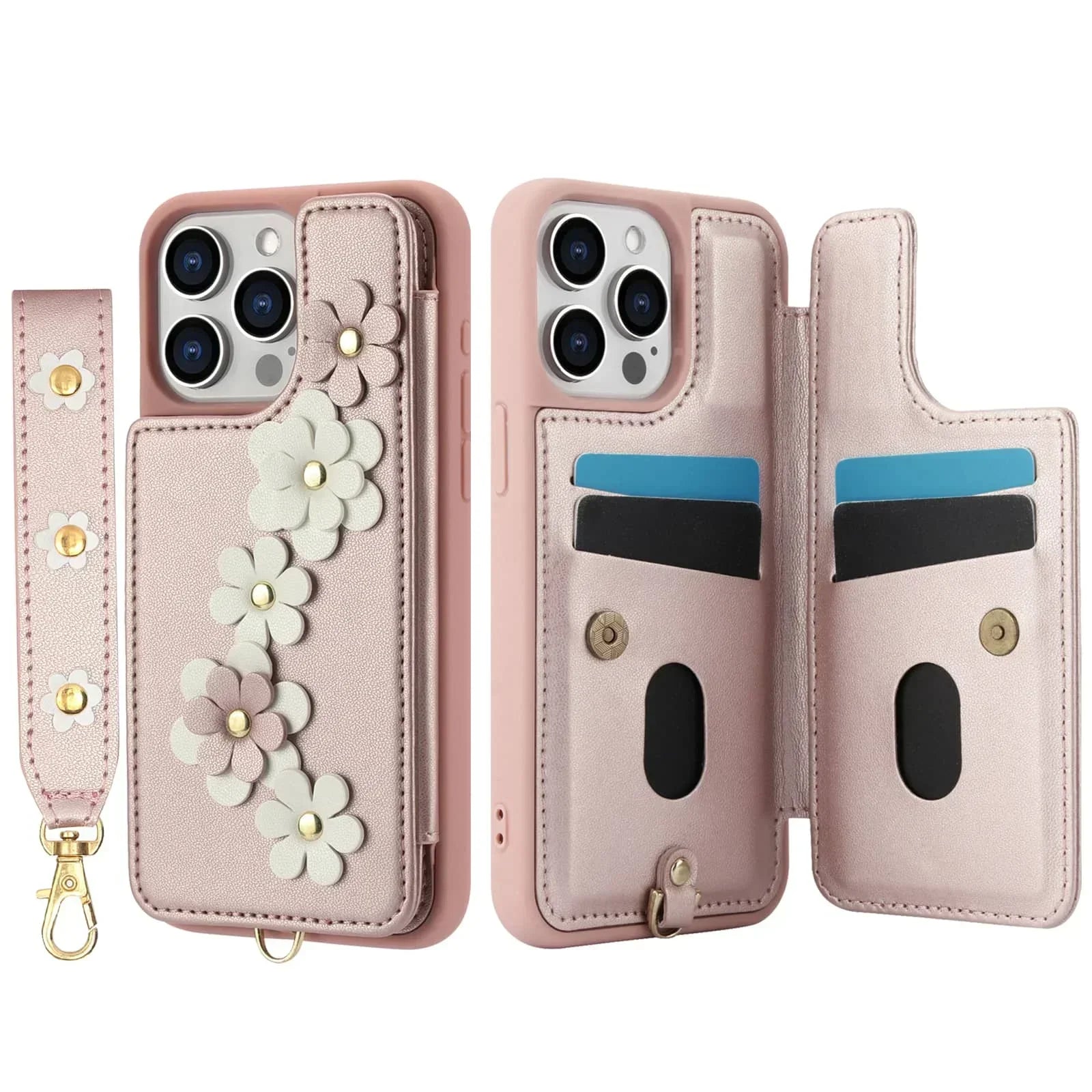 For iPhone 16 15 14 Pro Max Plus Case, Wallet with Card Holder, Cute Flower Design Crossbody Purse, Magnetic Kickstand Cover