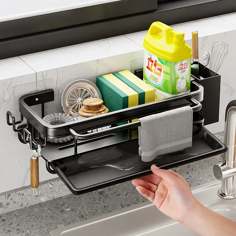 Wallmounted Kitchen Shelf Household Spice Rack Rags Detergent Storage Drainage Rack No Hole Installation Kitchen StorageShelf