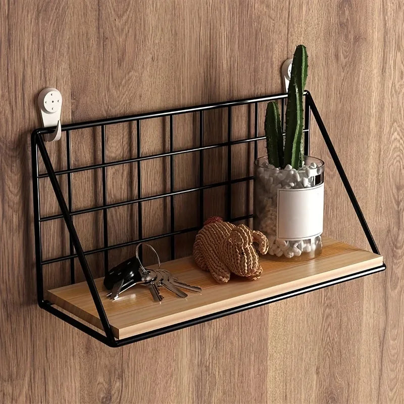1Pcs Floating Shelves Wall Mounted Wood Storage Display Shelf with Metal Wire Basket Hanging Rack for Dorm Bedroom Bathroom