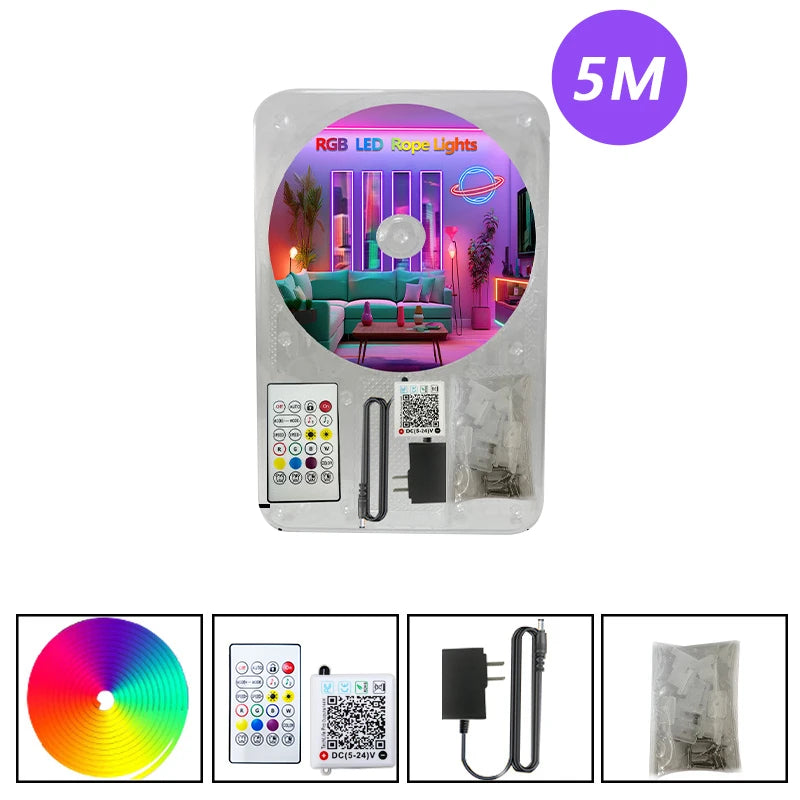 EU Plug DC24V 3535 RGB Neon LED Strip 5/10/15/20/30M Bluetooth Music Sync Waterproof Neon Rope Light for Indoor Outdoor Decor