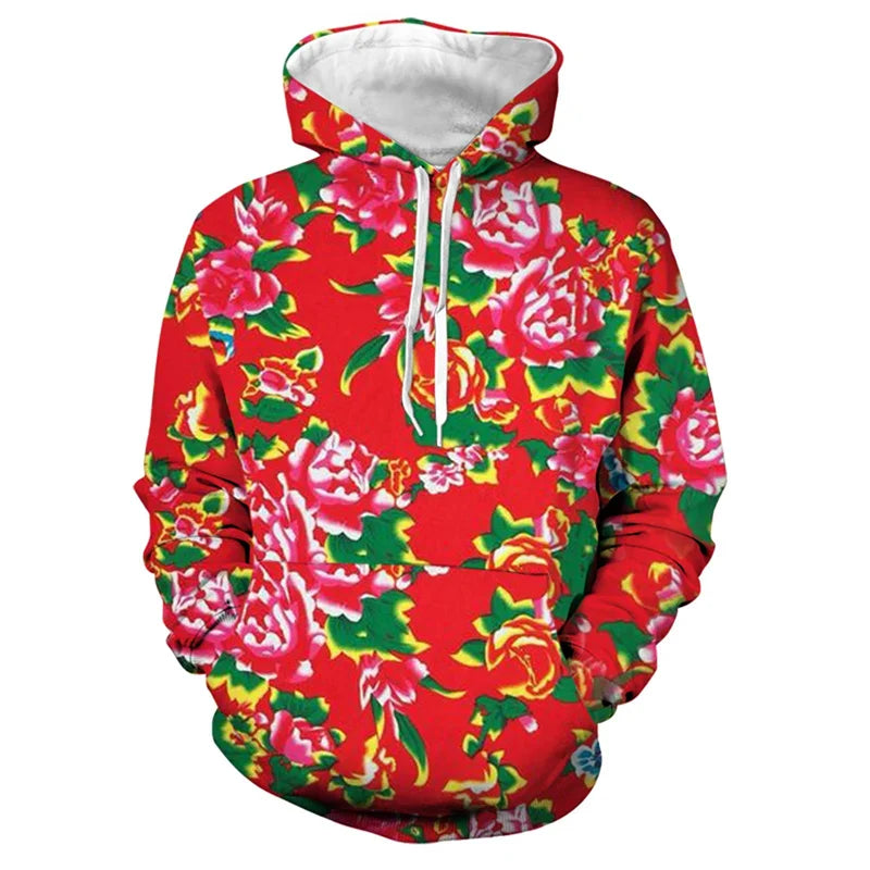 Men's 3d Print Floral Hooded Sweatshirt Chinese DongBei Style Flowers Graphic Hoodie Long Sleeves Pullovers Tops Women Clothes