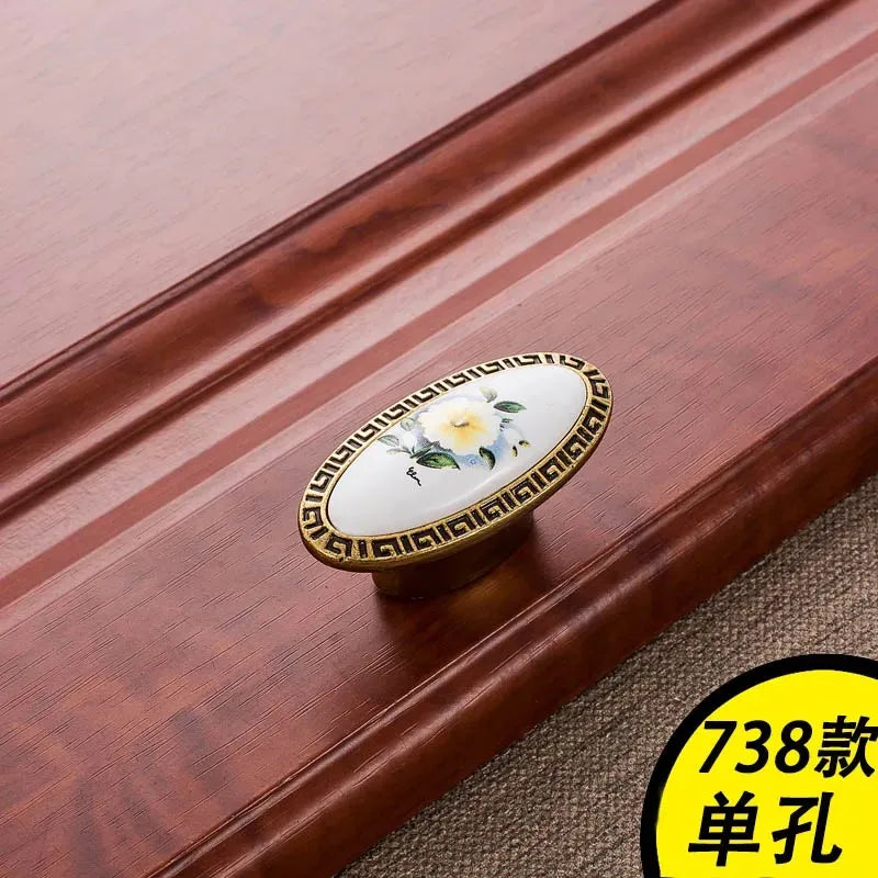 European Green Flower Ceramic Handles Kitchen Cabinet Storage Dressers Classic Wardrobe Cabinet Single Hole Closet Door Pulls