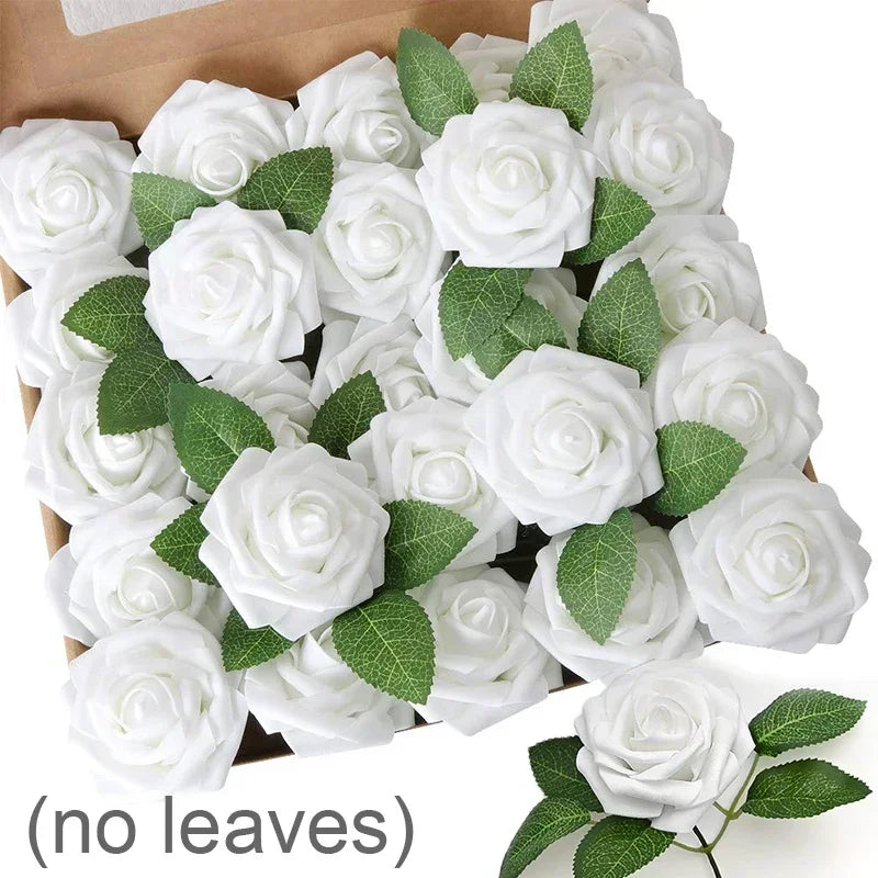 50/5Pcs Artificial Roses Flowers Foam Fake Rose Heads With Stems For DIY Wedding Bouquets Home Party Tables Decorations Supplies