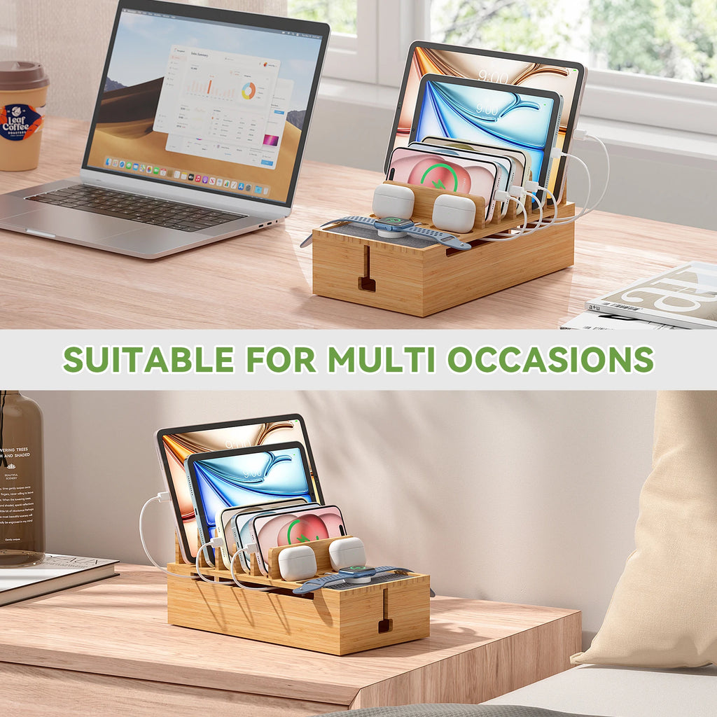 Bamboo Charging Station for Multiple Devices Charger Dock Holder Stand for Cell Phone and Tablet Electronic Devices Organizer