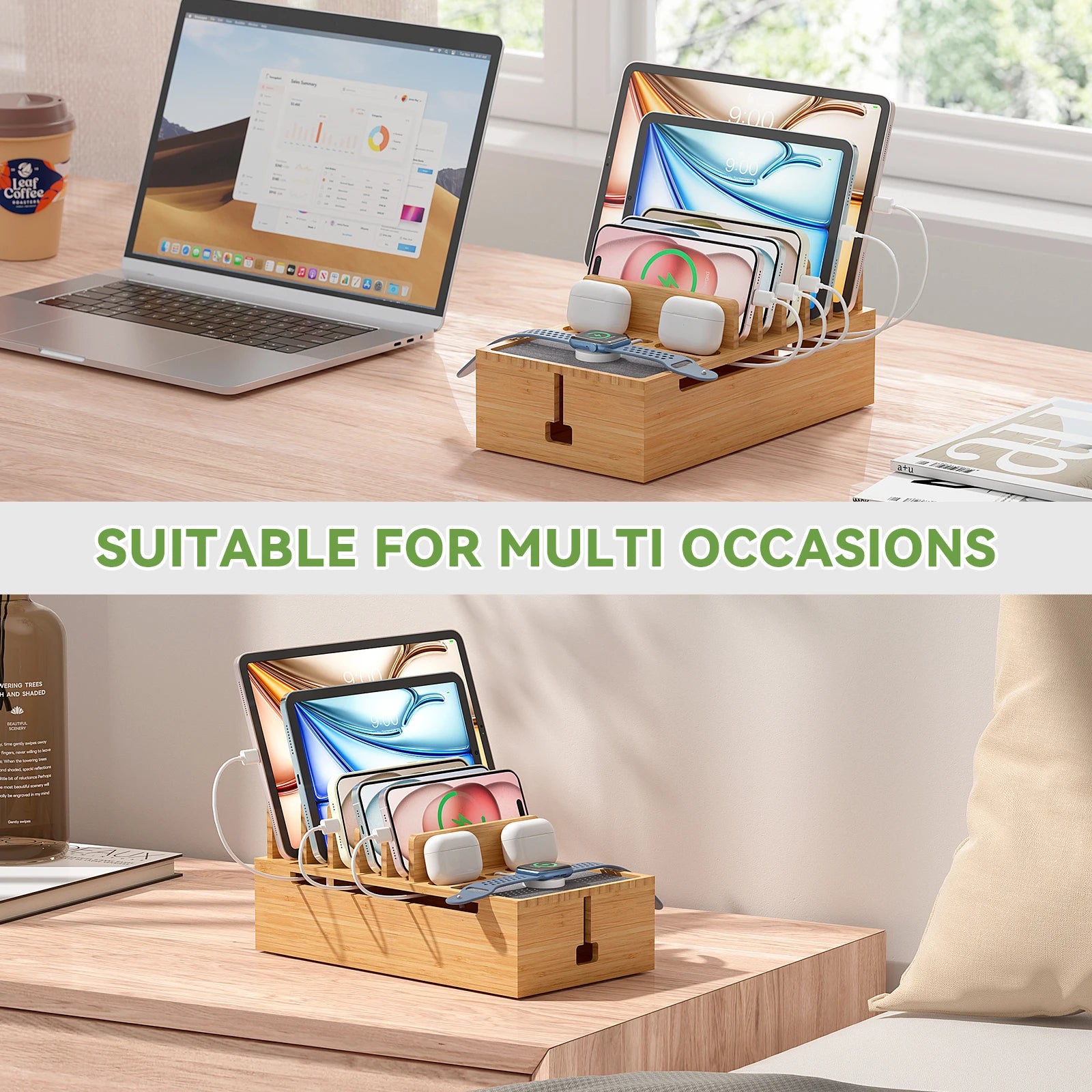 Bamboo Charging Station for Multiple Devices Charger Dock Holder Stand for Cell Phone and Tablet Electronic Devices Organizer