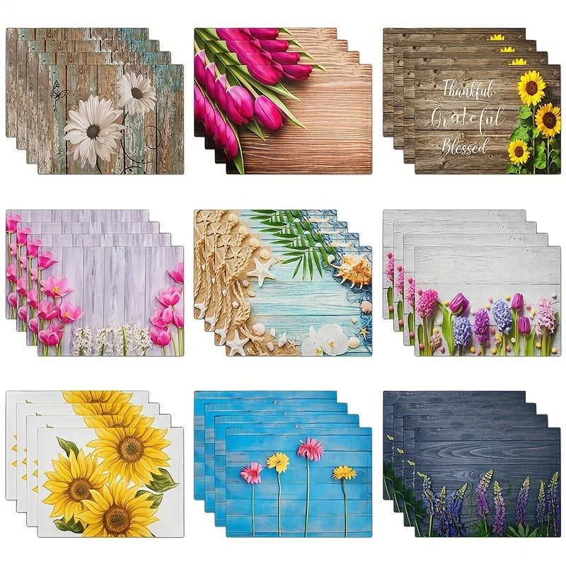 4pcs Placemats Summer Theme Floral Pattern Table Pad Set Colorful Printed Wooden Planks Table Mat For Indoor Dining Table Decor
