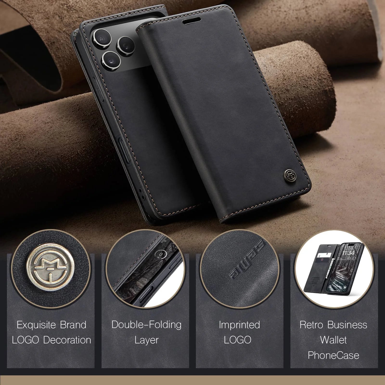 Leather Flip Wallet Case for iPhone 17/17 Pro/17 Pro Max/Air, Magnetic Folio Cover with Card Holder, Shockproof TPU Kickstand