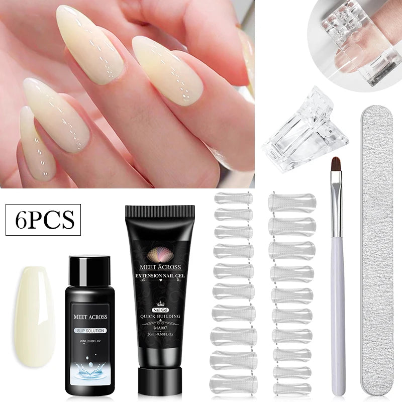 MEET ACROSS 20ML Nail Extension Gel Kit Quick Building Hard Gel Acrylic Crystal White Nude  Construction UV Gel Nail Polish Set
