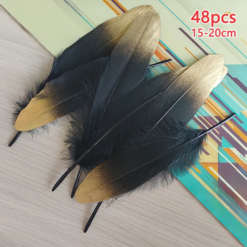 48pcs Long Big Feathers For Crafts Black With Gold Tips Bulk Hats Decoration Plumas Vases Carnival Bus Flower Goose Trim 15-20cm