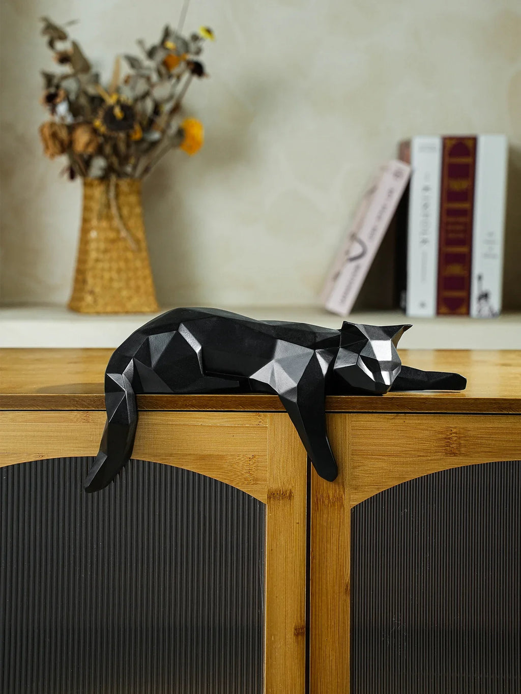 Black White Cat Statue - Geometric Modern Room Decor Figurine Sculpture for Home Office as Table Shelf Desk Decor  Lying Cat