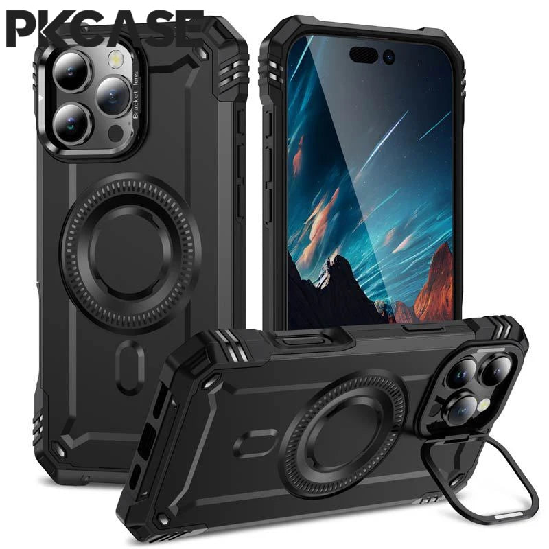 PKCASE Military Shockproof Bracket Case For iPhone 16 15 14 Plus Pro Max For Magsafe Magnetic Armor Cover