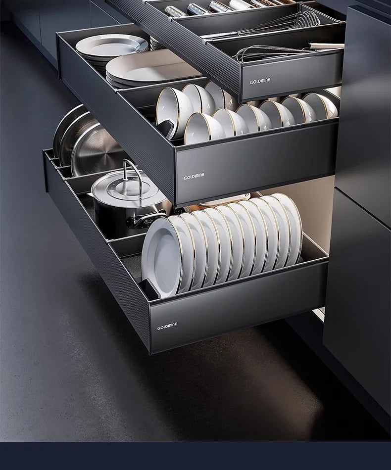 Goldmine Cabinet Organizers 3 Layers Aluminum Storage Baskets Drawers Tableware And Cookware Pullout Drawers For Kitchen