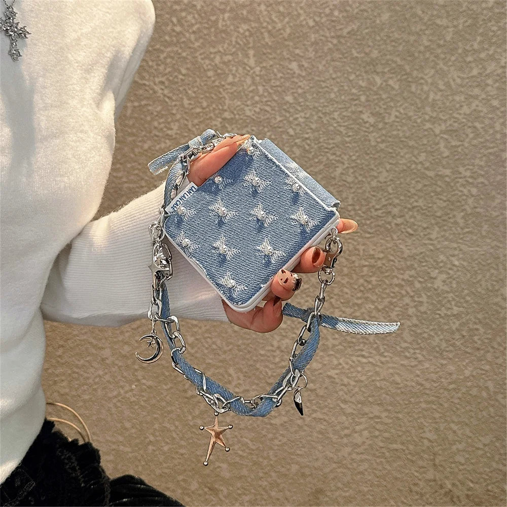 Fashion Denim embroidered bow phone case for Samsung Z Flip 7 Case Galaxy Z Flip 5 6 flip 6 cover hand strap cute Fundas Cases