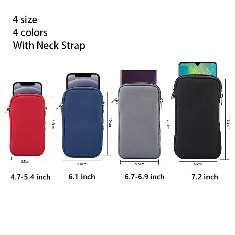 Universal Neoprene Zipper 4.7-7.2inch Mobile Phone Bag For iPhone Samsung Xiaomi Huawei Shockproof Cellphone Storage Bag